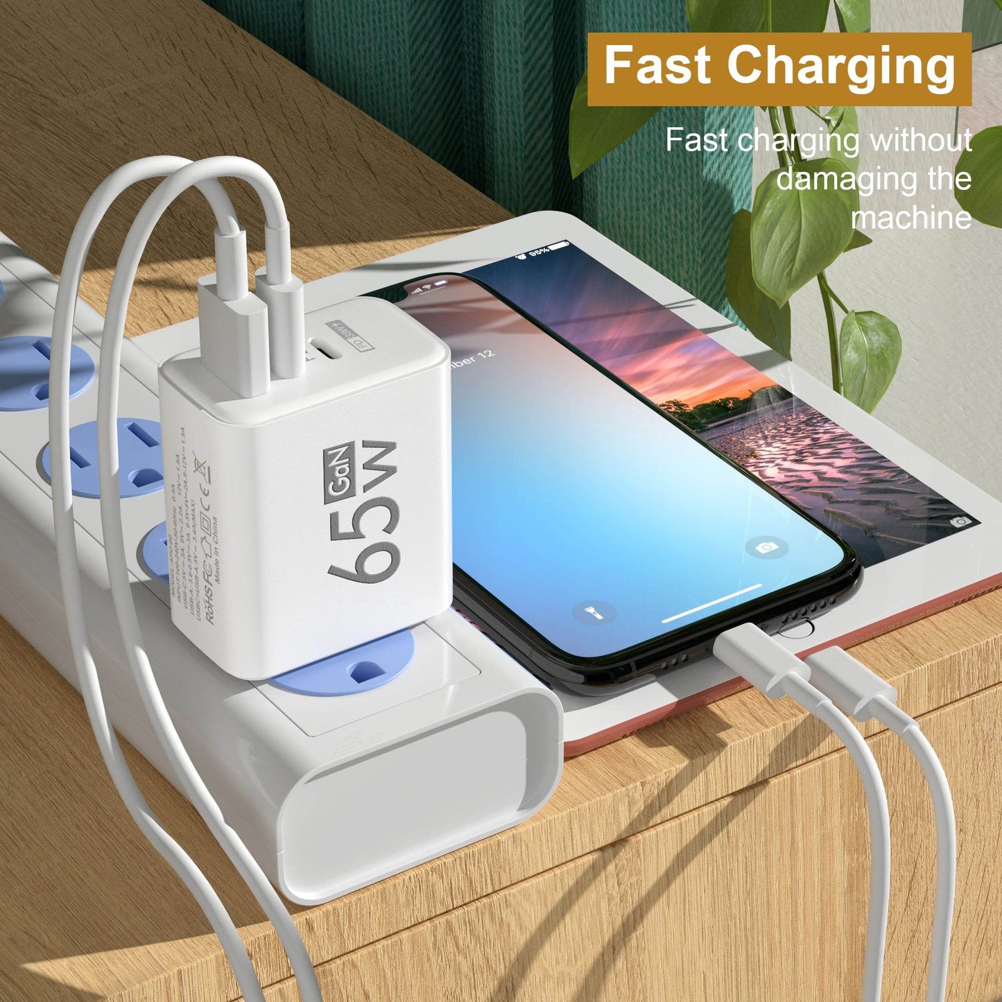 PD 65W USB C Charger GaN Charger Quick Charge 3.0 Type C Phone Adapter For iPhone 15 14 Samsung Xiaomi 3 Ports Fast Wall Charger - FLORANZANI- Beauté & Santé