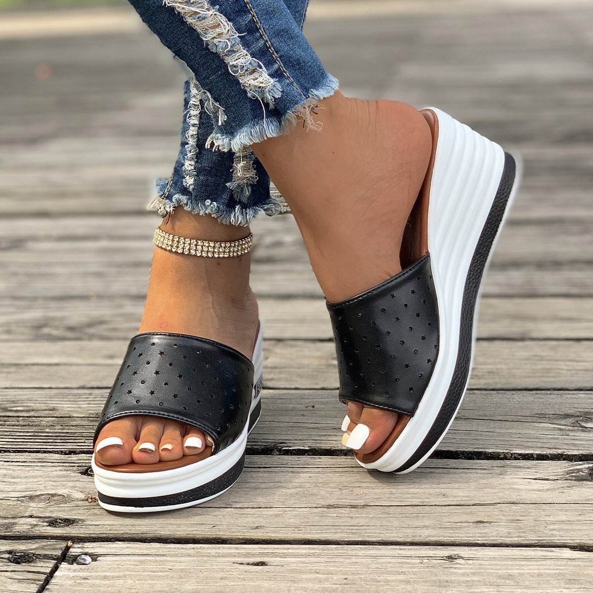 Fish Mouth Wedges Sandals Summer Fashion Hollow Design High Heels Slides Slippers Casual Beach Shoes For Women - FLORANZANI- Beauté & Santé