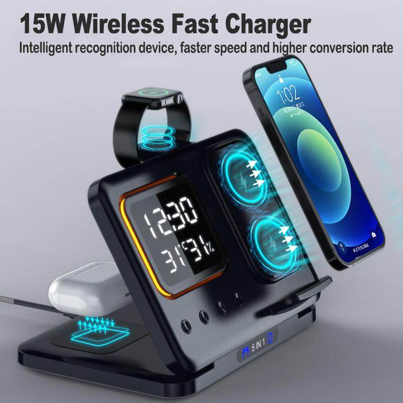 15W Wireless Chargers Stand 5 In1 LED Digital Alarm Clock Fast Charging Dock Station - FLORANZANI- Beauté & Santé