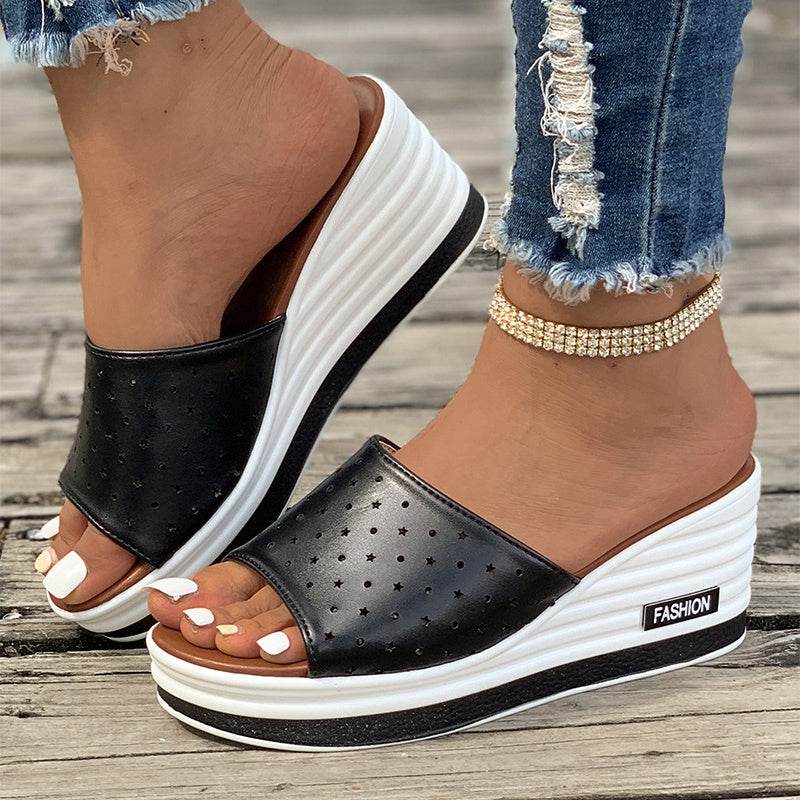 Fish Mouth Wedges Sandals Summer Fashion Hollow Design High Heels Slides Slippers Casual Beach Shoes For Women - FLORANZANI- Beauté & Santé