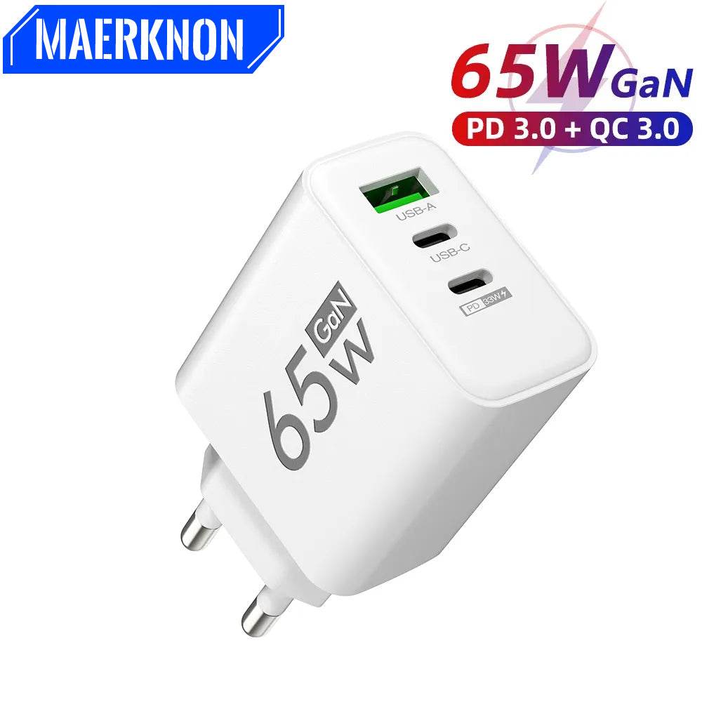 PD 65W USB C Charger GaN Charger Quick Charge 3.0 Type C Phone Adapter For iPhone 15 14 Samsung Xiaomi 3 Ports Fast Wall Charger - FLORANZANI- Beauté & Santé