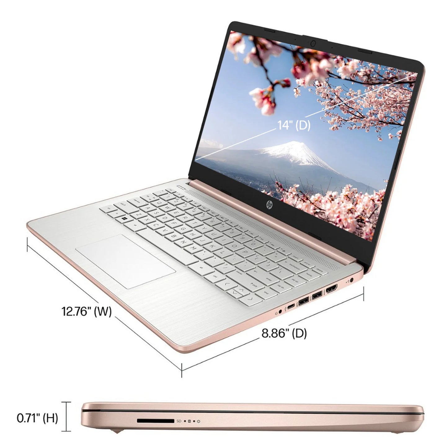 Portátil empresarial HP de 14", Intel Celeron N4120, 16 GB de RAM, 384 GB de almacenamiento (128 GB eMMC + 256 GB Micro SD), 1 año de suscripción a Office 365, color oro rosa.