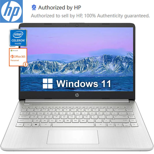 Portátil empresarial HP de 14", Intel Celeron N4120, hasta 16 GB de RAM, 384 GB de almacenamiento (128 GB eMMC + 256 GB Micro SD), 1 año de suscripción a Office 365, color plateado.