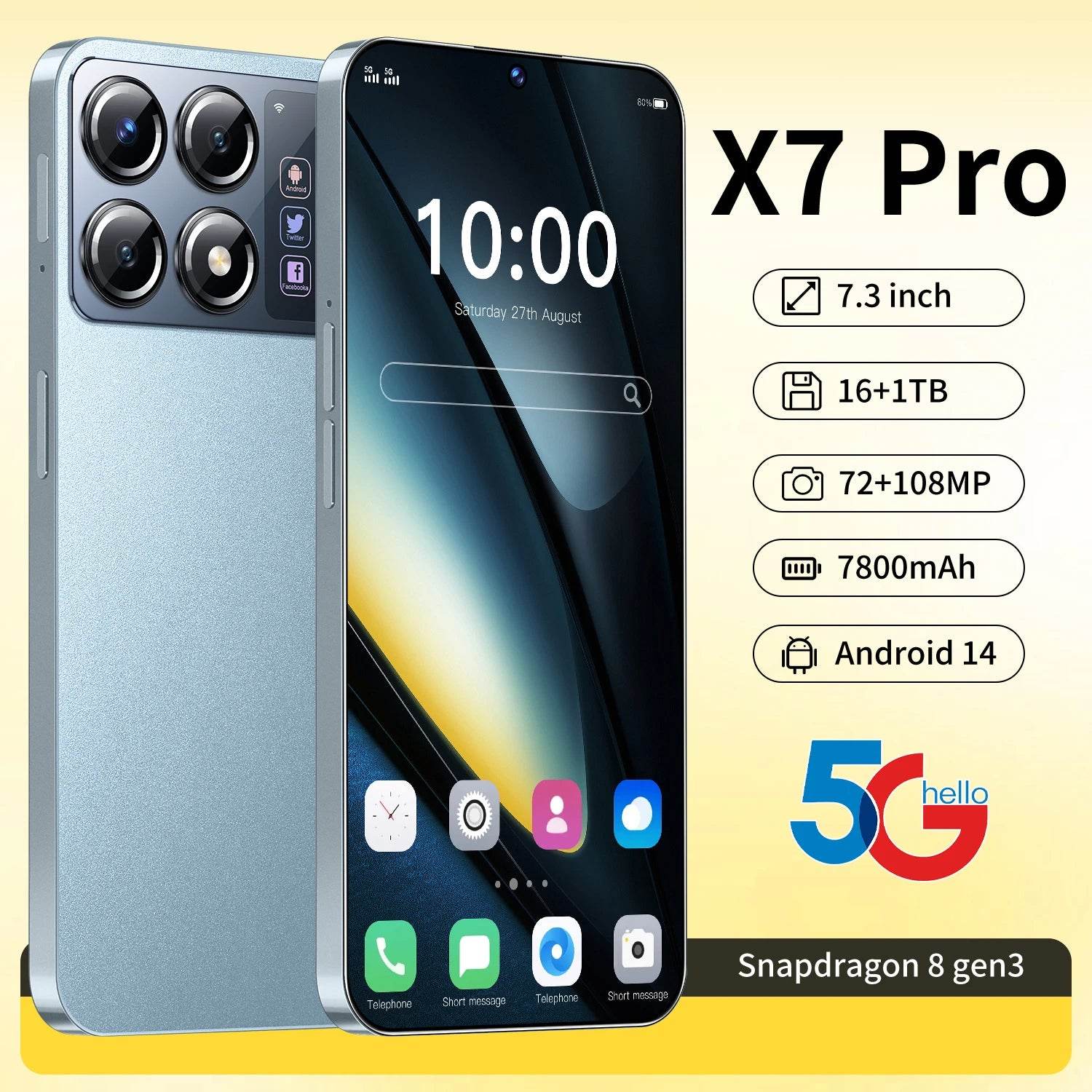 2025 NEW Cell Phone X7 Pro 7.3 HD Screen SmartPhone 16G+1T 5G Dual Sim Celulares Android Unlocked 108MP 7800mAh Mobile Phone - FLORANZANI- Beauté & Santé