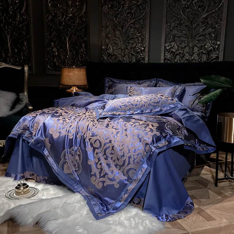 Soft Satin Jacquard Cotton Bedding Set, Luxury Duvet Cover, Blue, Gold, Gray, Queen, King Bed Sheet, Pillowcases, Home Textiles - FLORANZANI- Beauté & Santé