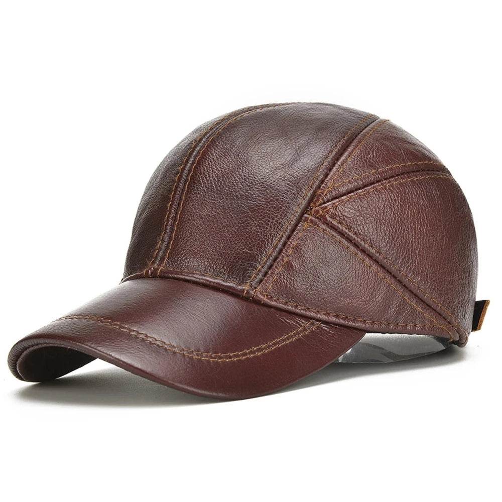 Brand Men Casual Real Leather Earflap Cap Men Real Cowhide Leather Caps Male Fall Winter Genuine Real Cow Leather Baseball Hats - FLORANZANI- Beauté & Santé