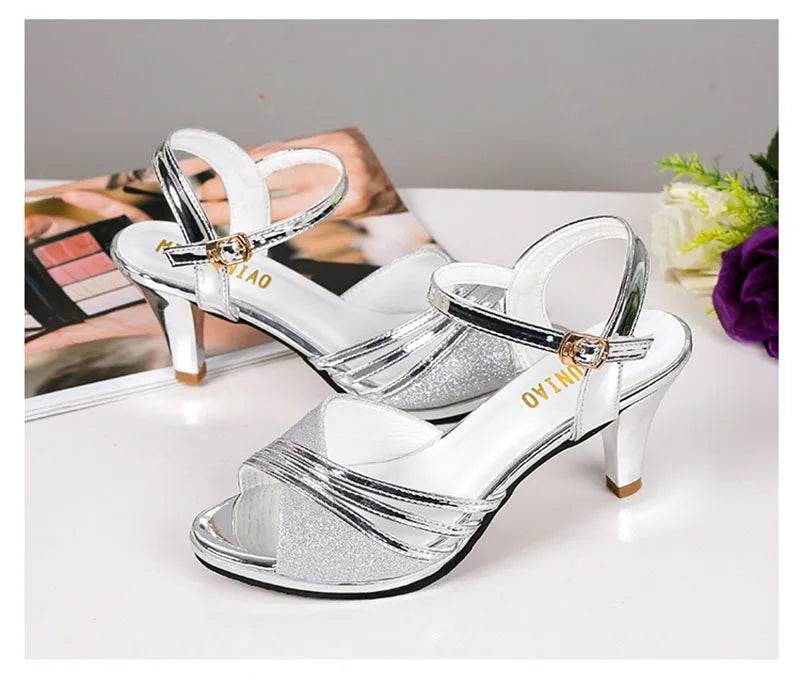 2024 Peep toe High Heels Sandals Women Summer Shoes Fashion Brand Women Sandals Casual Lady Heels 6cm Gold Silver A3422 - FLORANZANI- Beauté & Santé