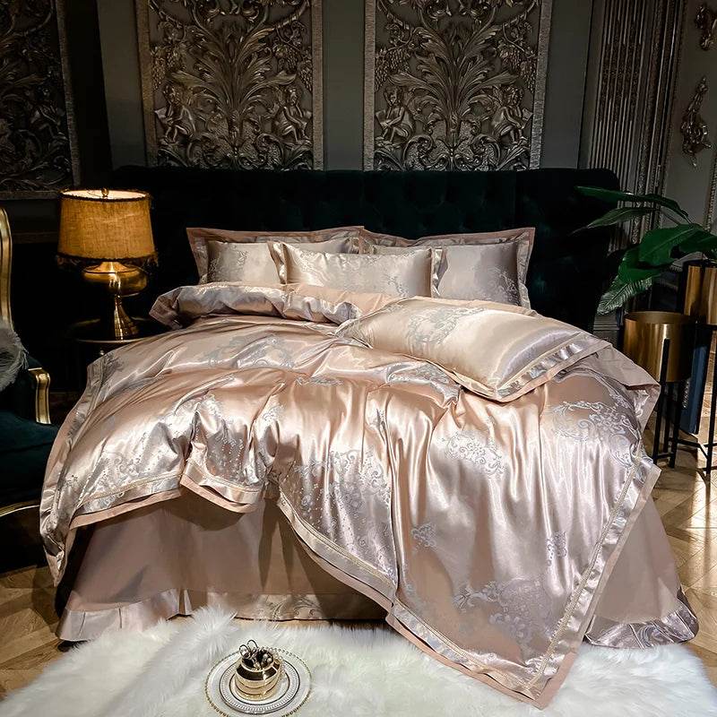 Soft Satin Jacquard Cotton Bedding Set, Luxury Duvet Cover, Blue, Gold, Gray, Queen, King Bed Sheet, Pillowcases, Home Textiles - FLORANZANI- Beauté & Santé