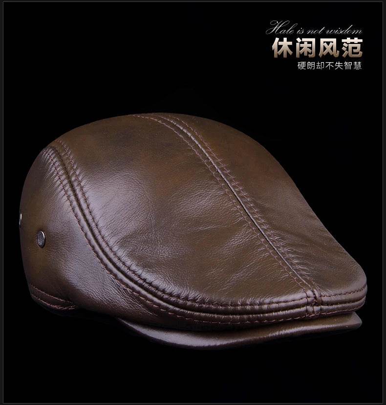 Men's First Layer Cowhide Leather Hat Winter Berets Male Warm Ear Protection Cap 100% Genuine Leather Dad Hat Wholesale Leisure - FLORANZANI- Beauté & Santé