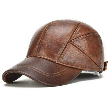 Brand Men Casual Real Leather Earflap Cap Men Real Cowhide Leather Caps Male Fall Winter Genuine Real Cow Leather Baseball Hats - FLORANZANI- Beauté & Santé