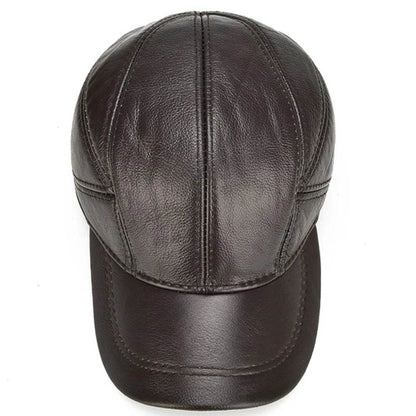 Brand Men Casual Real Leather Earflap Cap Men Real Cowhide Leather Caps Male Fall Winter Genuine Real Cow Leather Baseball Hats - FLORANZANI- Beauté & Santé