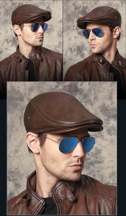 Men's First Layer Cowhide Leather Hat Winter Berets Male Warm Ear Protection Cap 100% Genuine Leather Dad Hat Wholesale Leisure - FLORANZANI- Beauté & Santé