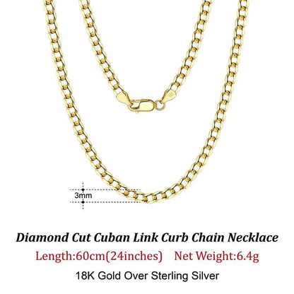 Rinntin 18K Gold Over 925 Sterling Silver 3mm/5mm Italian Diamond Cut Cuban Link Curb Chain Necklace for Women Men Jewelry SC60 - FLORANZANI- Beauté & Santé