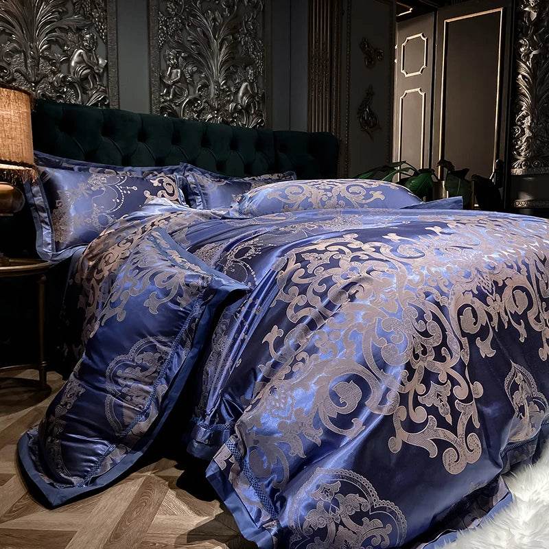 Soft Satin Jacquard Cotton Bedding Set, Luxury Duvet Cover, Blue, Gold, Gray, Queen, King Bed Sheet, Pillowcases, Home Textiles - FLORANZANI- Beauté & Santé