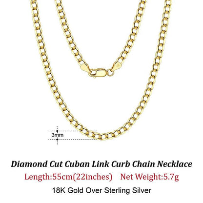 Rinntin 18K Gold Over 925 Sterling Silver 3mm/5mm Italian Diamond Cut Cuban Link Curb Chain Necklace for Women Men Jewelry SC60 - FLORANZANI- Beauté & Santé