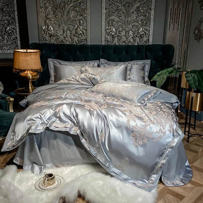 Soft Satin Jacquard Cotton Bedding Set, Luxury Duvet Cover, Blue, Gold, Gray, Queen, King Bed Sheet, Pillowcases, Home Textiles - FLORANZANI- Beauté & Santé