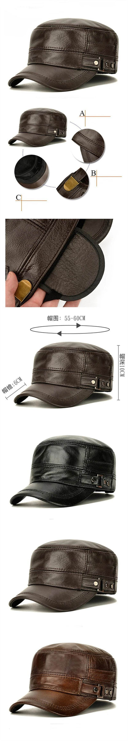 Men's Military Hats Quality Cowhide Genuine Leather Hat Men Autumn Winter New Thermal Adjustable Size Brands Baseball Caps - FLORANZANI- Beauté & Santé