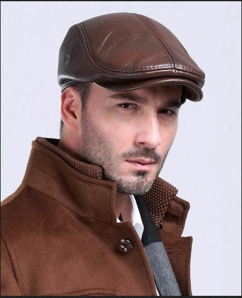 Men's First Layer Cowhide Leather Hat Winter Berets Male Warm Ear Protection Cap 100% Genuine Leather Dad Hat Wholesale Leisure - FLORANZANI- Beauté & Santé