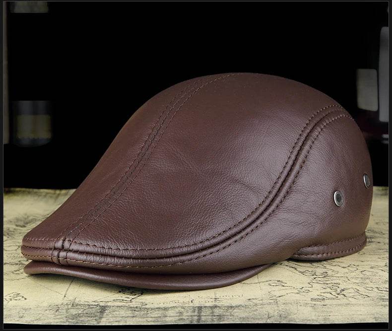 Men's First Layer Cowhide Leather Hat Winter Berets Male Warm Ear Protection Cap 100% Genuine Leather Dad Hat Wholesale Leisure - FLORANZANI- Beauté & Santé