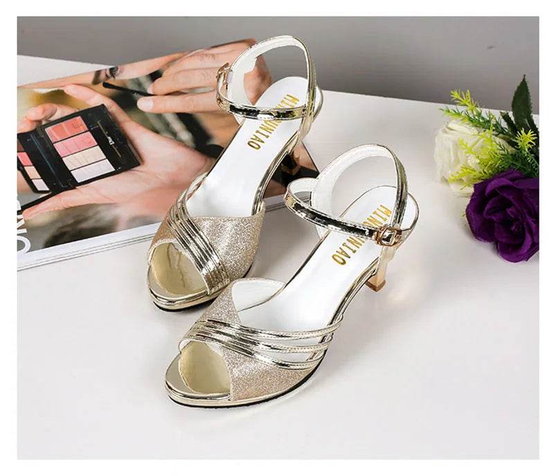 2024 Peep toe High Heels Sandals Women Summer Shoes Fashion Brand Women Sandals Casual Lady Heels 6cm Gold Silver A3422 - FLORANZANI- Beauté & Santé