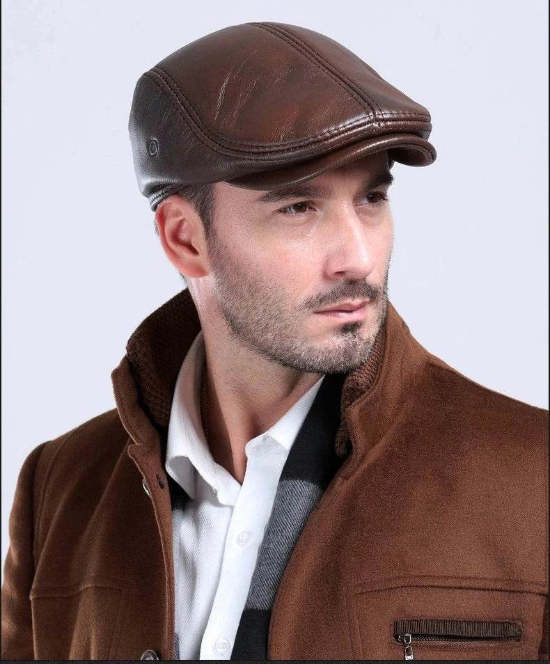 Men's First Layer Cowhide Leather Hat Winter Berets Male Warm Ear Protection Cap 100% Genuine Leather Dad Hat Wholesale Leisure - FLORANZANI- Beauté & Santé