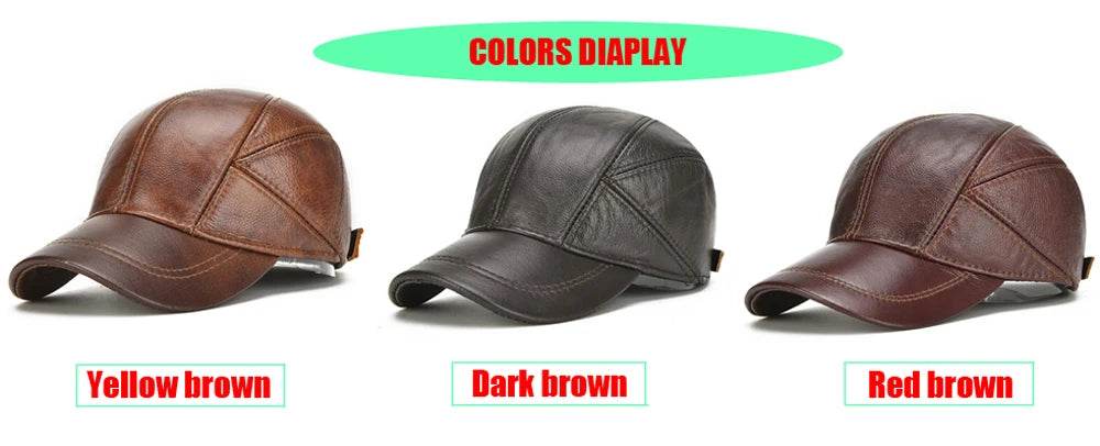 Brand Men Casual Real Leather Earflap Cap Men Real Cowhide Leather Caps Male Fall Winter Genuine Real Cow Leather Baseball Hats - FLORANZANI- Beauté & Santé