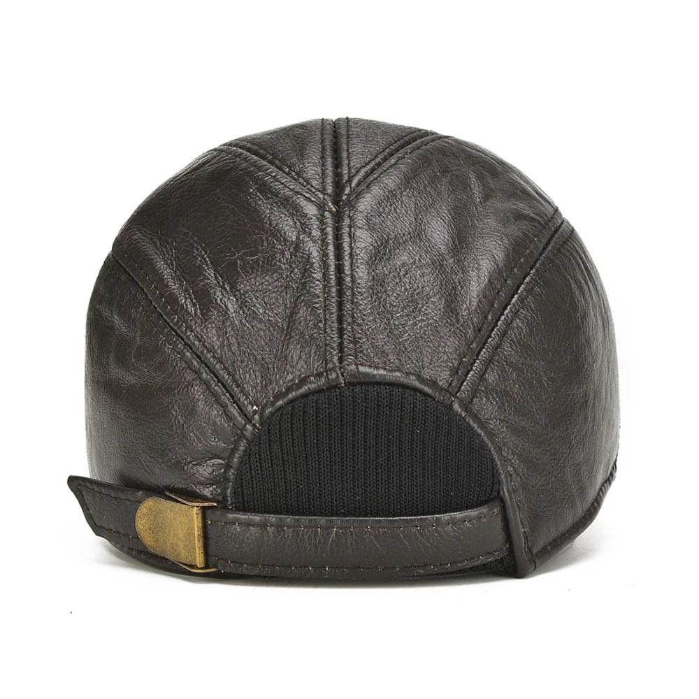 Brand Men Casual Real Leather Earflap Cap Men Real Cowhide Leather Caps Male Fall Winter Genuine Real Cow Leather Baseball Hats - FLORANZANI- Beauté & Santé