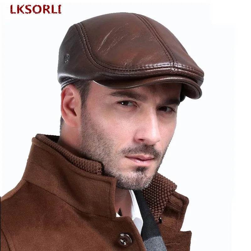 Men's First Layer Cowhide Leather Hat Winter Berets Male Warm Ear Protection Cap 100% Genuine Leather Dad Hat Wholesale Leisure - FLORANZANI- Beauté & Santé