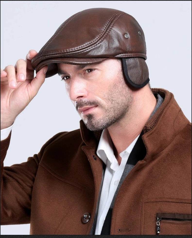 Men's First Layer Cowhide Leather Hat Winter Berets Male Warm Ear Protection Cap 100% Genuine Leather Dad Hat Wholesale Leisure - FLORANZANI- Beauté & Santé