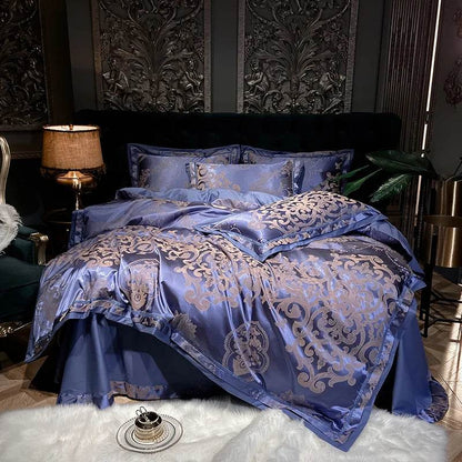 Soft Satin Jacquard Cotton Bedding Set, Luxury Duvet Cover, Blue, Gold, Gray, Queen, King Bed Sheet, Pillowcases, Home Textiles - FLORANZANI- Beauté & Santé