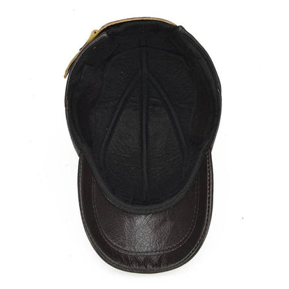 Brand Men Casual Real Leather Earflap Cap Men Real Cowhide Leather Caps Male Fall Winter Genuine Real Cow Leather Baseball Hats - FLORANZANI- Beauté & Santé