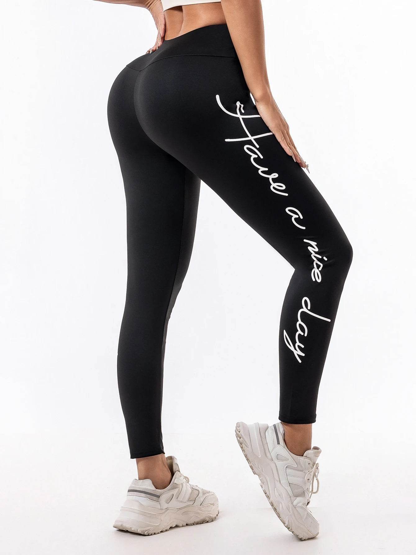 Letter print high waisted high spring quick-drying pants Sports pants Fitness yoga pants running woman - FLORANZANI- Beauté & Santé