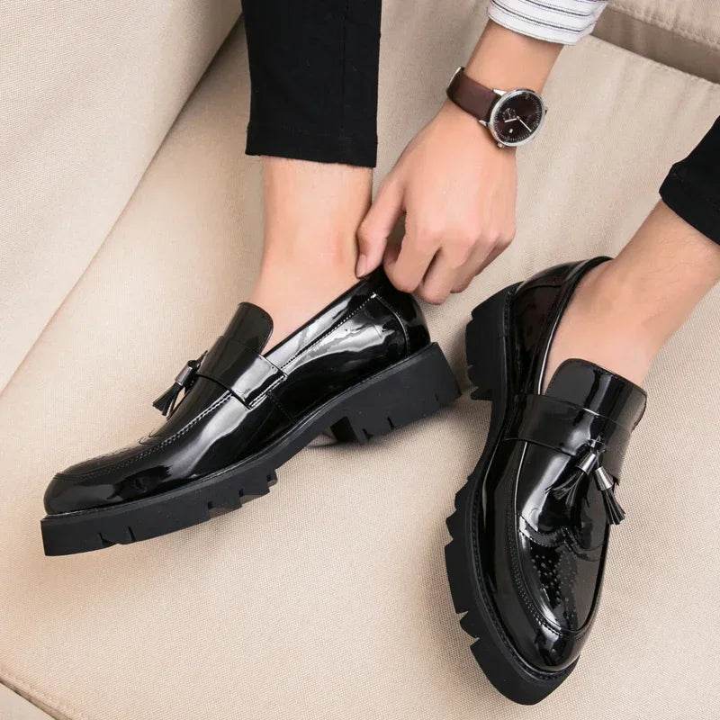 Golden Men's Casual Slip-On Tassel Patent Loafers Thick Bottom Elevator Shoes Fashion Men's Party Shoes Business Shoes Brogue - FLORANZANI- Beauté & Santé