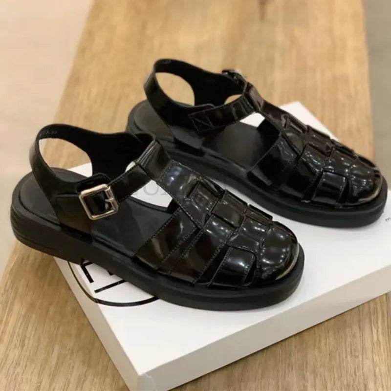 Women Sandals Retro Genuine Leather Luxury Roman Sandals Casual Buckle Strap Summer Shoes GLADIATOR Thick Heel Women Shoes - FLORANZANI- Beauté & Santé