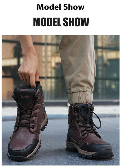 Tongue-linking Design Waterproof Leather Security Work Safety Boots for Men Anti-smash Anti-puncture Male Shoes Botas Brown - FLORANZANI- Beauté & Santé