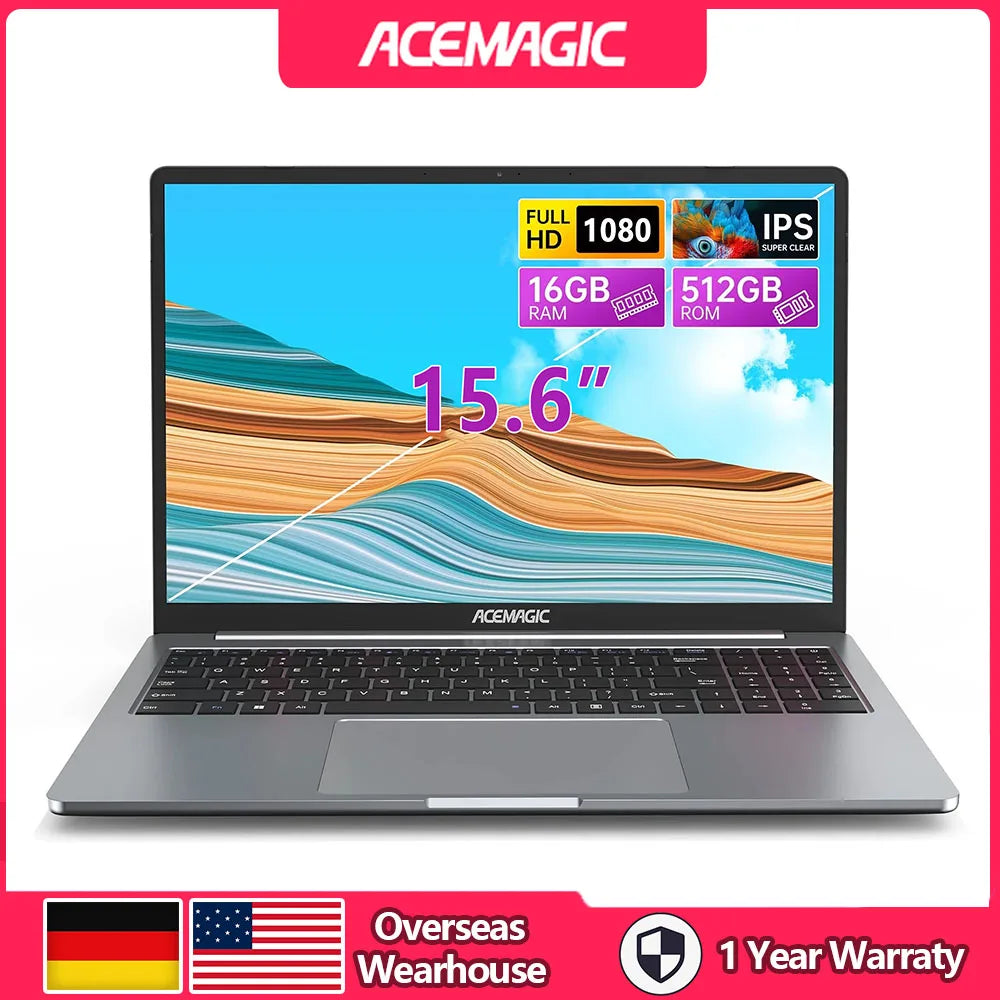 Portátil ultradelgado ACEMAGIC de 15,6", 16 GB de RAM, 512 GB de SSD, Intel N97, para gamers, pantalla de 1920 x 1080, ideal para oficina, estudio y Windows 11.