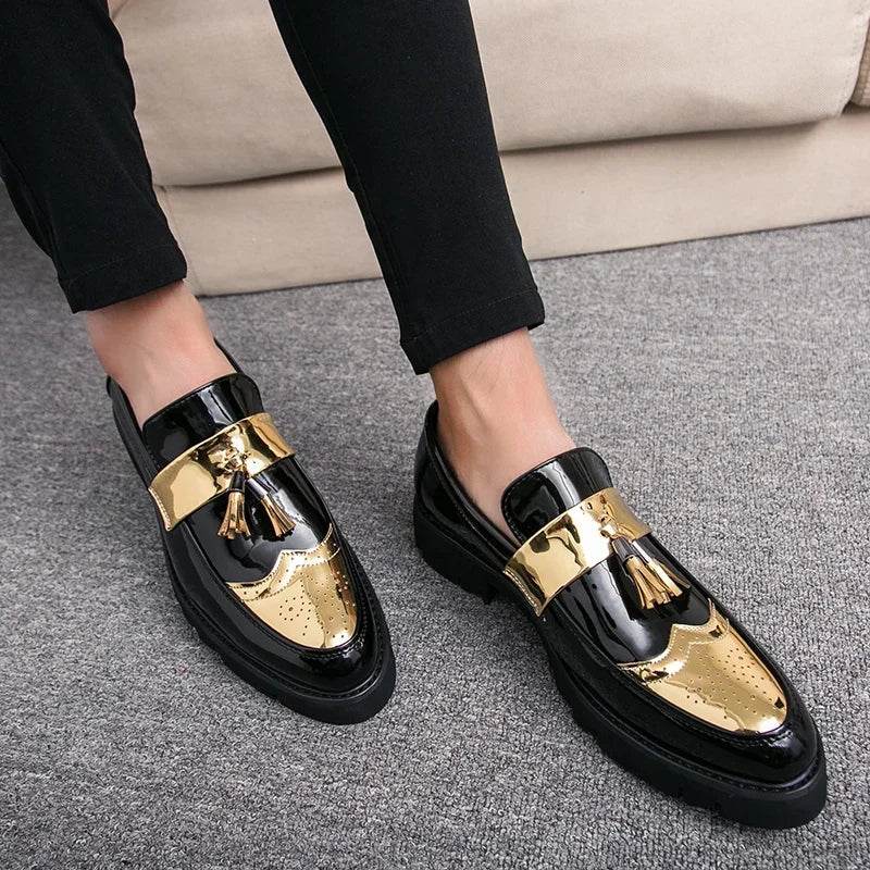 Golden Men's Casual Slip-On Tassel Patent Loafers Thick Bottom Elevator Shoes Fashion Men's Party Shoes Business Shoes Brogue - FLORANZANI- Beauté & Santé