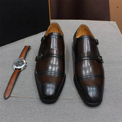 Luxury Handmade Genuine Leather Men's Shoes Formal Classic Double Buckle Monk Shoes Pointed Toe Business Dress Wedding Men Shoes - FLORANZANI- Beauté & Santé