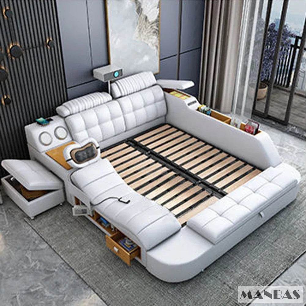 MANBAS Tech Smart Genuine Leather Bed | Multifunctional Ultimate Beds | Massage Tatami Bed with Projecter | Upholstered Cama - FLORANZANI- Beauté & Santé