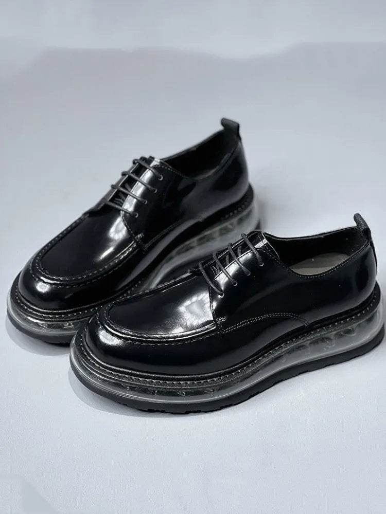 Thick Bottom Mens Genuine Leather Dress Shoes Lace Up Black Cowhide Patent Leather Business Casual Office Men Formal Derby Shoes - FLORANZANI- Beauté & Santé