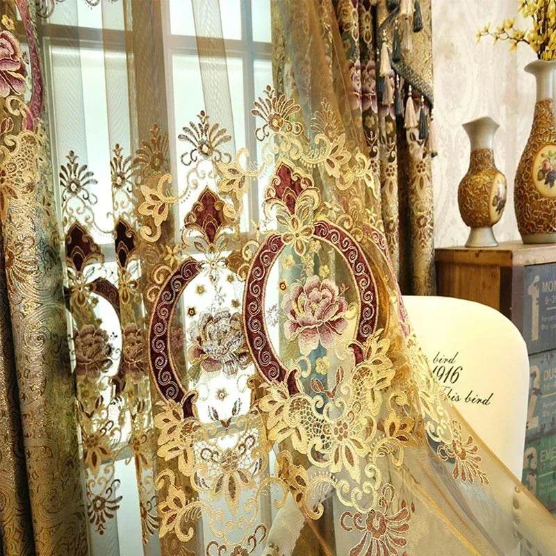 Gold Gilded Embroidered Hollowed Out Velvet Curtains for Living Room Bedroom Partition Curtains Customized Villa Valance Tube - FLORANZANI- Beauté & Santé