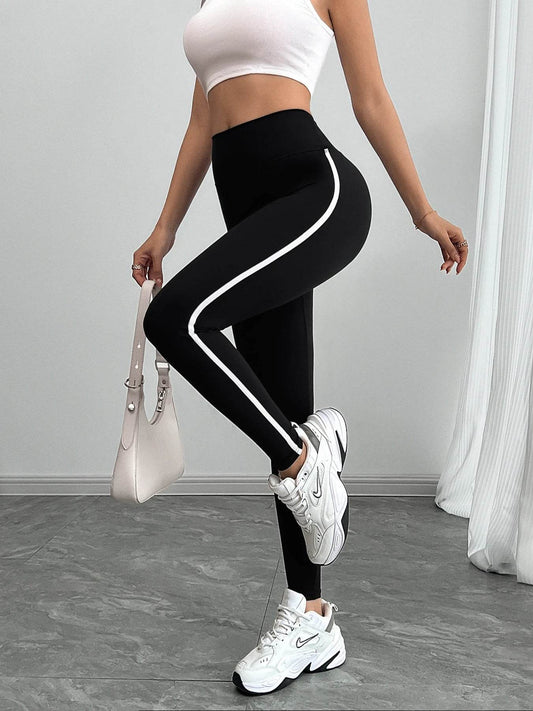 Women's High Waist Yoga Leggings Black Striped Tights Sports Pants - FLORANZANI- Beauté & Santé