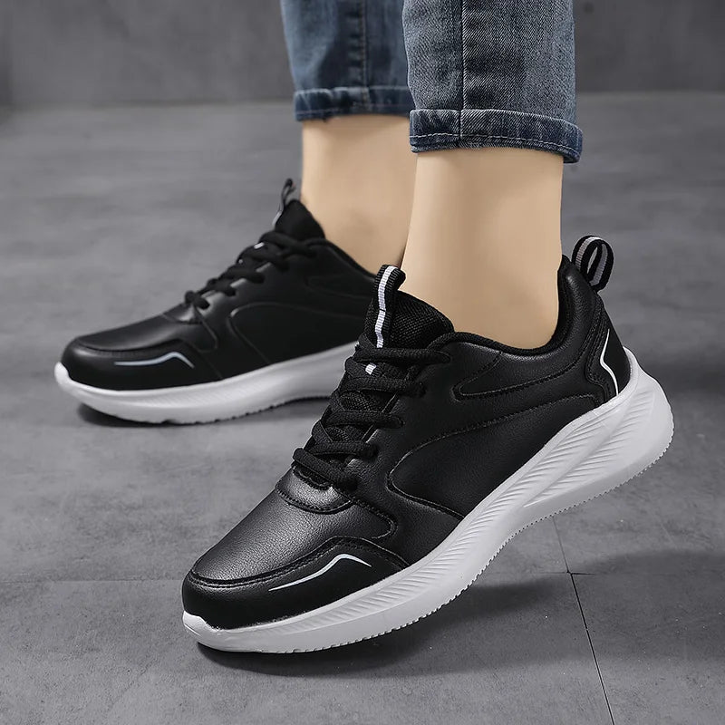 Women Running Shoes PU Leather Lace-up Men Warm Light Walking Sneaker Fitness Sport Flats Comfortable Black Size 35-44 Loafers