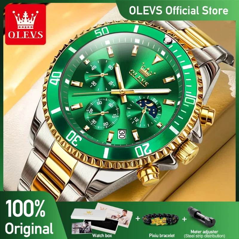 OLEVS Men's Watches Top Brand Luxury Watch for Men Original Waterproof Stainless Steel Chronograph Moon Phase Date Rota Dial - FLORANZANI- Beauté & Santé