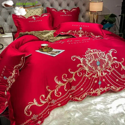 European Style Bedding Set Luxury Gold Royal Embroidery Satin Double Duvet Cover Pure Cotton Bed Sheets and Pillowcases Bed Set - FLORANZANI- Beauté & Santé