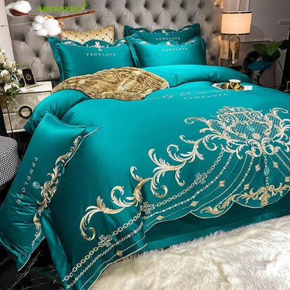 European Style Bedding Set Luxury Gold Royal Embroidery Satin Double Duvet Cover Pure Cotton Bed Sheets and Pillowcases Bed Set - FLORANZANI- Beauté & Santé