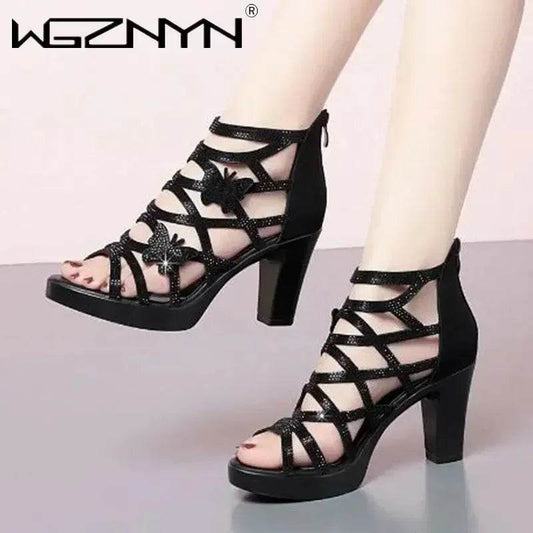 Woman Sandals Women Cyrstal Comfortable Pumps Ladies Fashion High Heels Female Rome Bling Hollow Out Shoes Women's Zip Footwear - FLORANZANI- Beauté & Santé