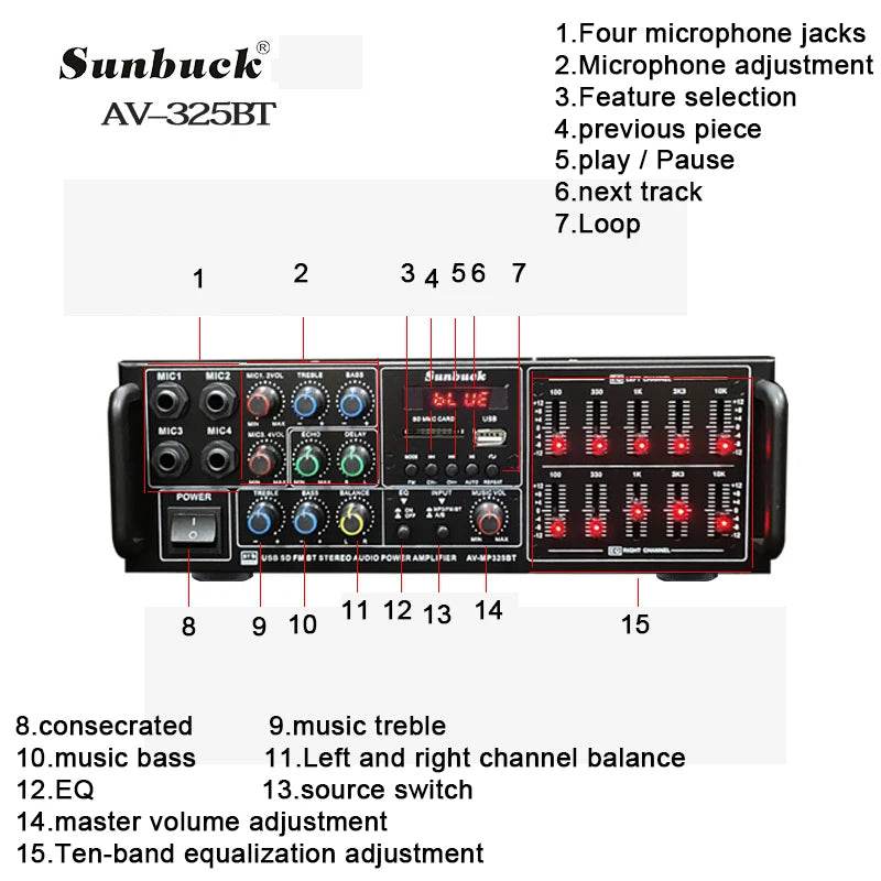 8000W Bluetooth Amplifiers Support 4 Way Microphone Input USB SD FM AUX Digital Audio Stereo Amplificador Speaker Remote Control - FLORANZANI- Beauté & Santé