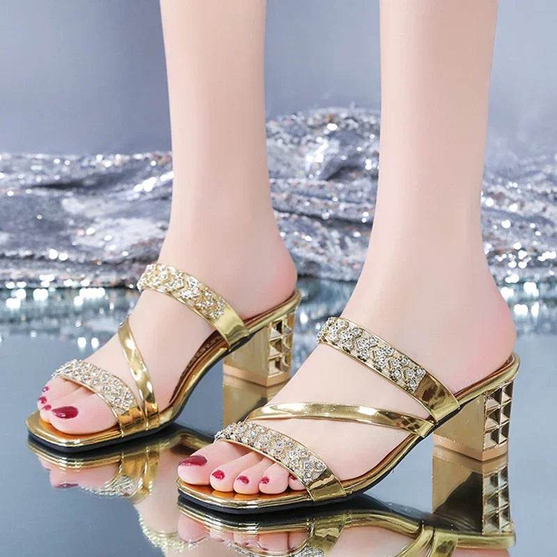 Shiny Gold Silver Women's Sandals Summer 2023 Crystal High Heels Party Shoes Woman Comfortable Thick Heel Slides Sandalias Mujer - FLORANZANI- Beauté & Santé