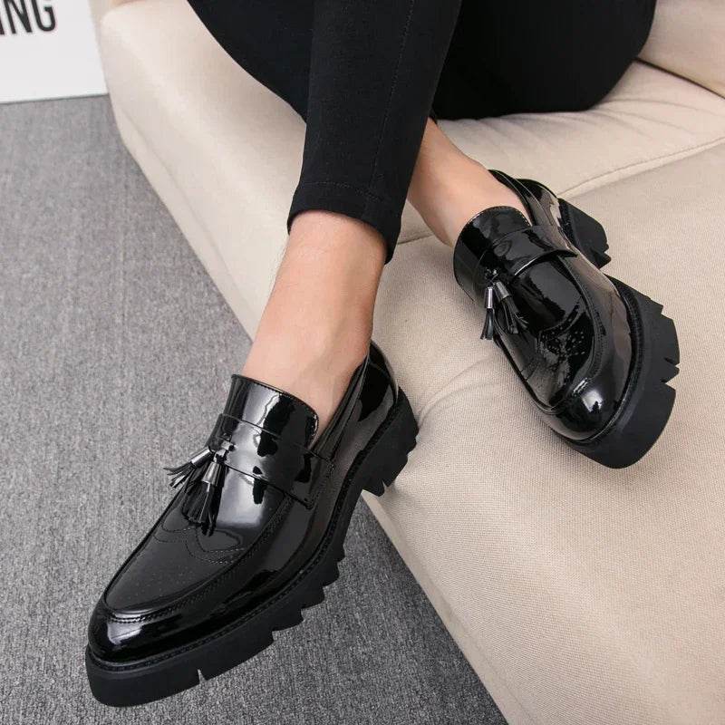 Golden Men's Casual Slip-On Tassel Patent Loafers Thick Bottom Elevator Shoes Fashion Men's Party Shoes Business Shoes Brogue - FLORANZANI- Beauté & Santé